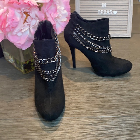 Black, micro suede, gunmetal ankle booties. - Picture 2 of 6
